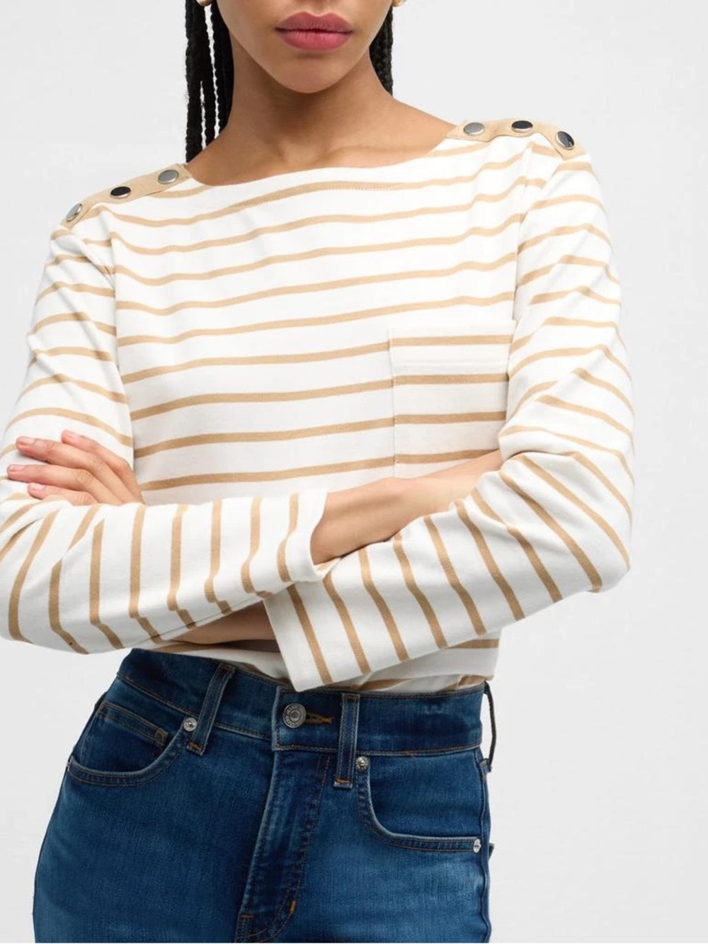 Veronica Beard Hovey Striped Cotton Jersey Long Sleeve Top Sand Tan White Small